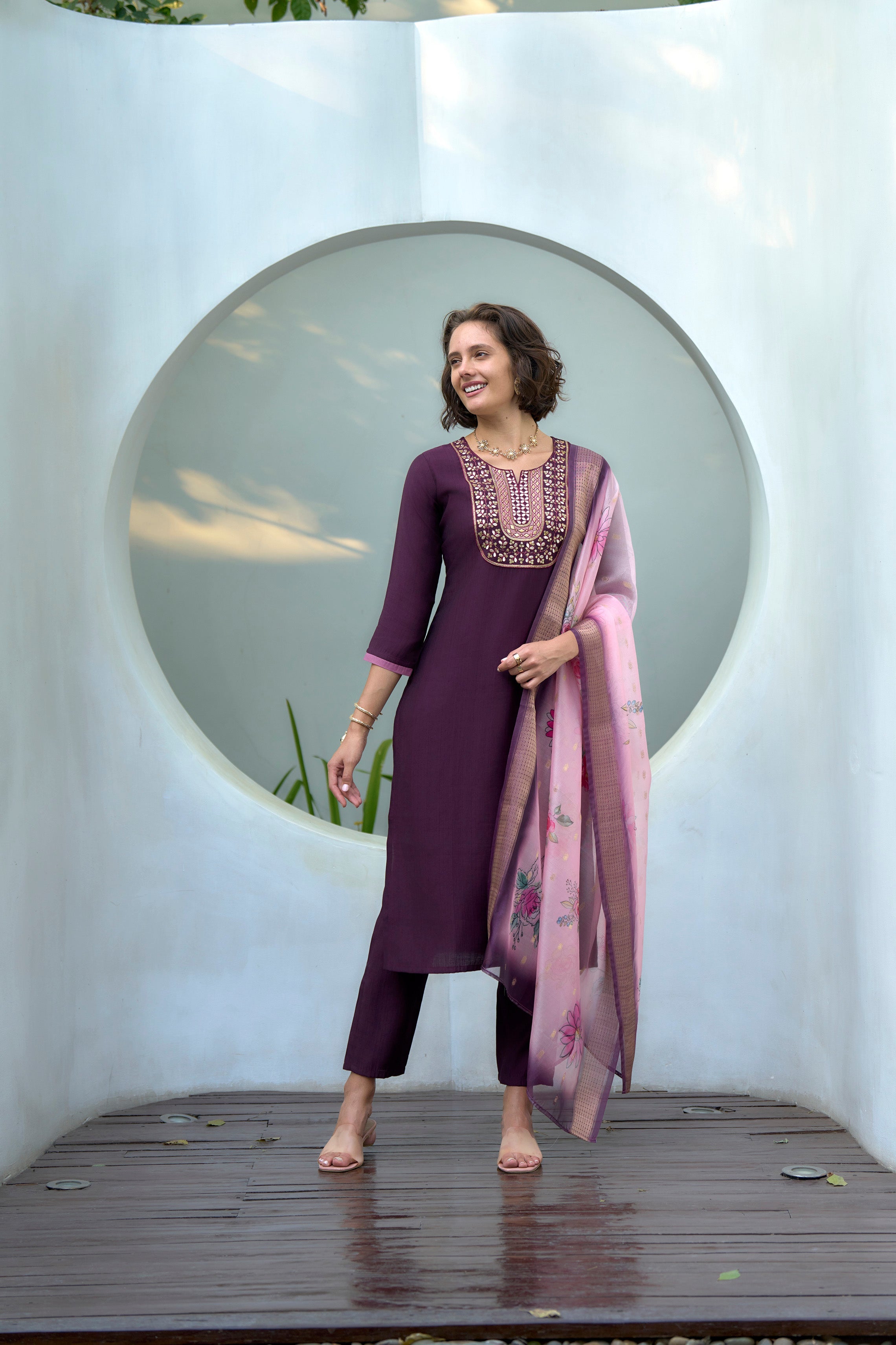 Dark Wine Embroidered Neck Vatican Kurti Set with Organza Butti Dupatta